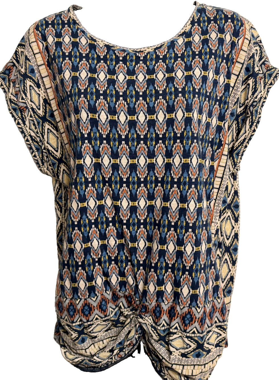 Lucky Brand Twist Front Blouse Women's Navy Blue Geometric Ikat Print Boho - M
